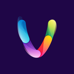 Letter V logo made of overlapping colorful lines. Rainbow vivid gradient modern icon.