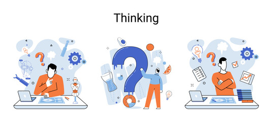Problem solving metaphor, wondering or thinking, planning or pondering, with question mark. Creative thought idea. Brainstorming, idea and fantasy, motivation and inspiration, finding solution, answer