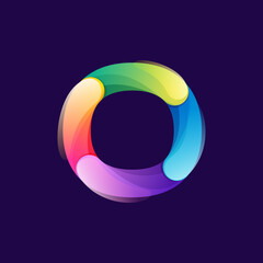 Letter O logo made of overlapping colorful lines. Rainbow vivid gradient modern icon.