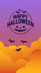 Happy Halloween logo, in vertical background for social media post. Clouds and bats, spooky elements.