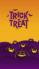 Halloween banner. Dark scene with shinning carved pumpkins. Vertical design for social media posts.