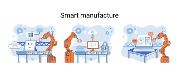 Fototapeta na wymiar Smart manufacture metaphor with automated production line. Innovative contemporary smart industry product design, delivery and distribution with people, robots and machinery, conveyor assembly line