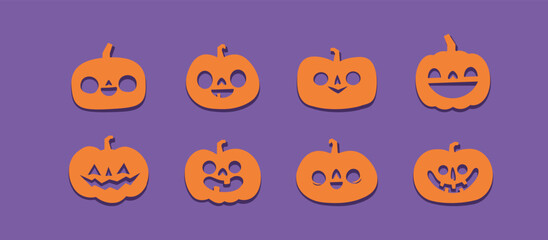 Halloween carved pumpkins. Jack O lantern flat icons.