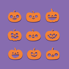 Halloween carved pumpkins. Jack O lantern flat icons.
