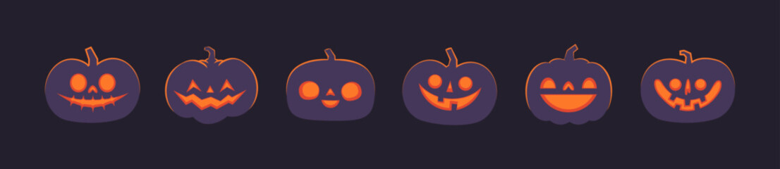 Set of carved halloween pumpkins. Jack o Lantern glowing inside with smile for your design for the holiday. Cute and fun vector illustration.