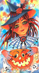 A portrait of a girl in the image of a little witch for Halloween with a cheerful pumpkin is an artistic handmade work with paints on paper for festive decoration.