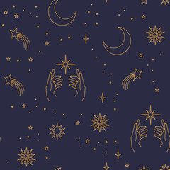 Seamless pattern with constellations. Sun, moon, magic hands and stars. Mystical esoteric background for design. Astrology magical vector.