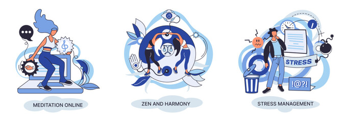 Meditation online. Self-management, self regulation learning, self-organization course, control over emotions metaphor Online yoga at home meditating. Deals with stress management, zen and harmony