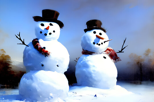 portrait of a happy snowman with hat and scarf in the snow - painting - illustration - drawing - oil on canvas