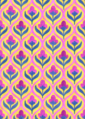 Ogee seamless pattern. The ornament is drawn with gouache on paper. Handmade. Grunge texture. Floral print for home textiles.