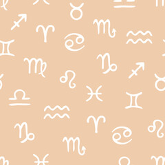 Vector seamless pattern with Zodiac symbols. Hand drawn design for wrappings, textile, wallpaper and backgrounds.