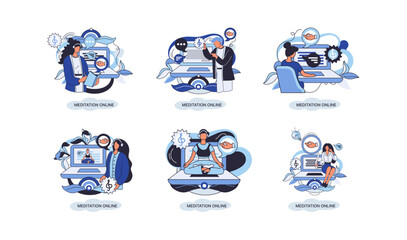 Meditation online. Classes laptop, practicing yoga, mental exercises metaphor. Live stream, internet education. Wellness practice restore peace of mind. Healthy lifestyle, clearing brain and managing