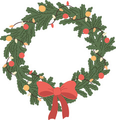 Fototapeta premium Cartoon Christmas wreath, garlands, fir tree branches and red bow. Holidays decoration on white background. New Year design. Flat vector illustration.