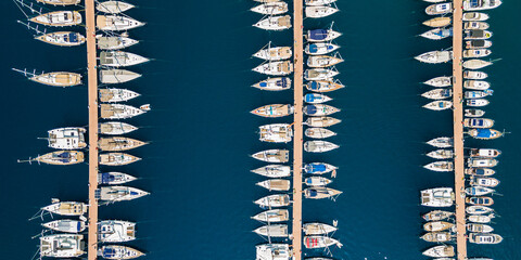 Aerial view of different boats in marina in Kas,  High angle view of  luxury yachts moored on sea...