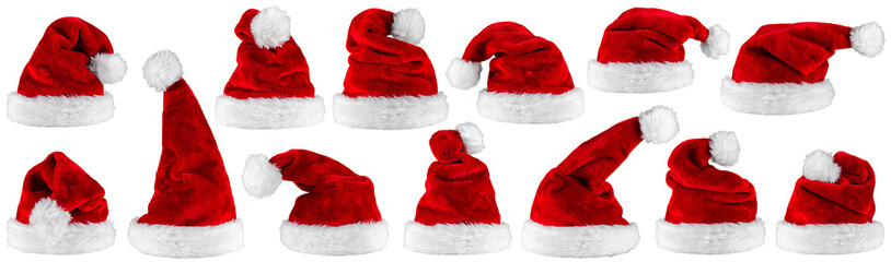 big set collection of red santa claus christmas hat seasonal design pattern isolated white...