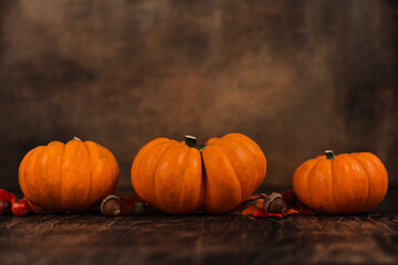 Naklejka na ściany i meble A row of miniature orange pumpkins on a rustic wood surface with a brown abstract background with copy space for a banner or ad