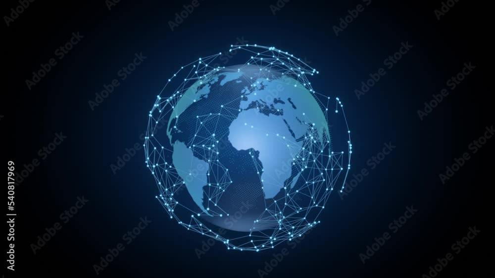 Wall mural tech earth globalization in 3d animation. global business dots on rotating planet.