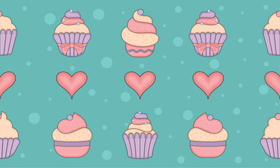 Seamless pattern background with different cupcakes Vector illustration