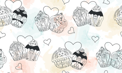 Seamless pattern background with different cupcakes Vector illustration