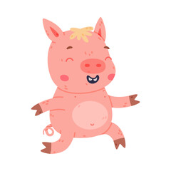 Obraz na płótnie Canvas Funny Pink Piggy Character with Hoof Running and Smiling Vector Illustration