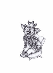 Sketch with a graphic pencil. A kind monster sits on an armchair and listens to music on headphones