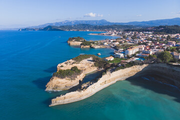 Fototapeta premium Sidari, beautiful aerial drone landscape of Canal d’Amour (Love Channel), Corfu island, Greece, with turqoise water and sea beach, Kerkyra, Ionian islands, summer sunny day