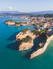 Fototapeta premium Sidari, beautiful aerial drone landscape of Canal d’Amour (Love Channel), Corfu island, Greece, with turqoise water and sea beach, Kerkyra, Ionian islands, summer sunny day