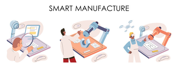 Manufacturing process industry. Scientist robot assembling products. Smart manufacture, automation development metaphor. Smart industry product design, automated production, robots and machinery 4.0