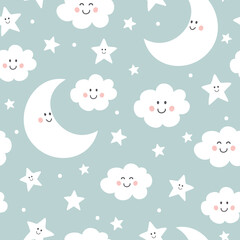 Seamless pattern with cute moon, clouds and stars. Background for babies. Vector illustration. © Evalinda