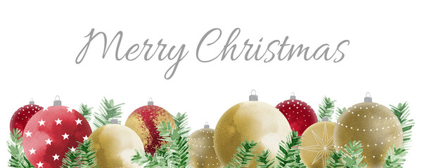 Christmas Border Background. New Year Holiday Banner Watercolour illustration on white.