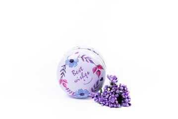 metallic vase jar with white red blue flowers . with reflection, white background isolated,