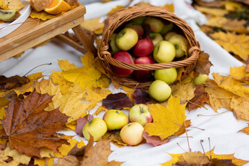 Cozy composition of autumn picnic outdoors. Rustic decor with ripe red apple in wooden basket, pumpkin, plaid, delicious food, books. Fall vibes