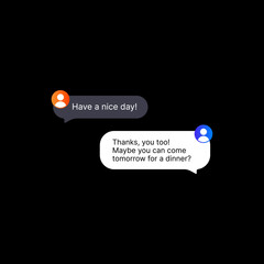 Online Messenger Interface Illustration. Social Media UI Concept on Black Background. Two Editable Speech Bubbles in Flat Design with Users Default Profile Icons. Web Element for Mobile Applications