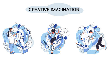 Fototapeta premium Creative mind, imagination or brainstorm or originative idea concept. Creative imagination. Phantasy space and creativity. Phantasy flow and creativity metaphor, fantasies in mind. Vision development