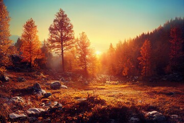 Beautiful autumn trees in the evening forest. Autumn forest at sunset. 3d rendering - obrazy, fototapety, plakaty