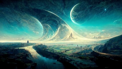 futuristic space planet landscape HD wallpaper desktop background - obrazy, fototapety, plakaty