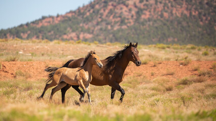 A bay mare and foal run side by side in an open field on a summer day in the American southwest desert.