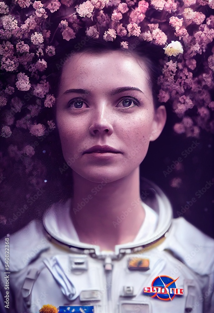 Wall mural portrait of an fictional astronaut in neon light in a spacesuit. high-tech astronaut from the future