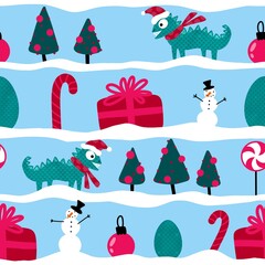 Christmas cartoon seamless dinosaur dragon monsters pattern for winter wrapping paper and kids clothes print