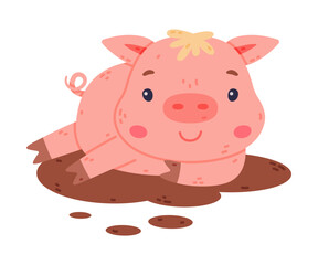 Funny Pink Piggy Character with Hoof Lying in Mud Vector Illustration
