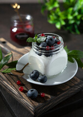 Healthy blueberry and currant parfaits in mason jars, scene on dark rustic background