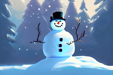 Obraz premium portrait of a happy snowman with hat and scarf in the snow - forest background - cartoon / comic / anime / manga style