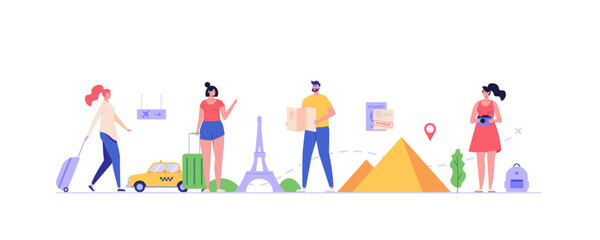 Concept of tourist visa, travel, approved visa, tourist guide. Young tourists with guide map visit world attractions and landmarks. People travel abroad with foreign passport. Vector illustration