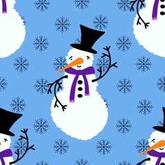 Winter Christmas seamless snowman with carrot and scarf pattern for wrapping paper and Noel and kids and fabrics