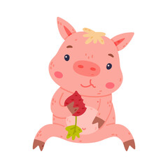 Funny Pink Piggy Character with Hoof Sitting and Eating Vector Illustration