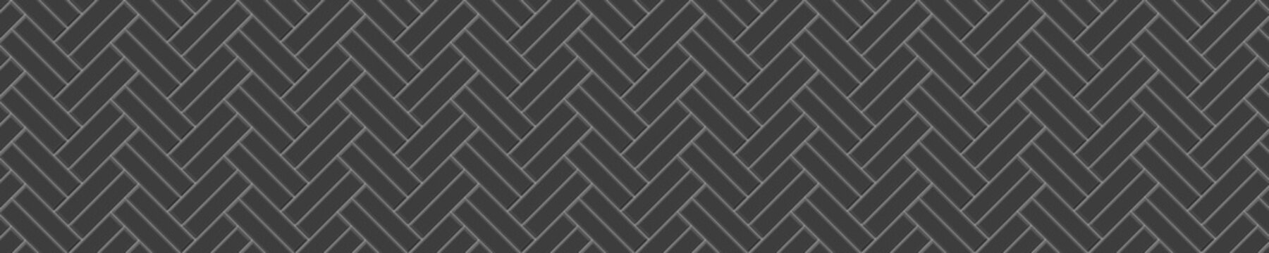 Black double herringbone tile seamless pattern. Stone or ceramic brick wall background. Kitchen backsplash or bathroom wall or floor texture. Facade or interior decoration. Vector flat illustration