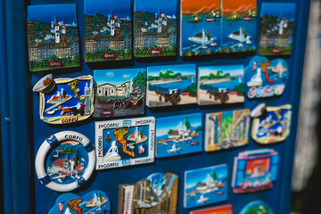 View of traditional tourist souvenirs and gifts from Kerkyra, Corfu island, Ionian sea, Greece,...