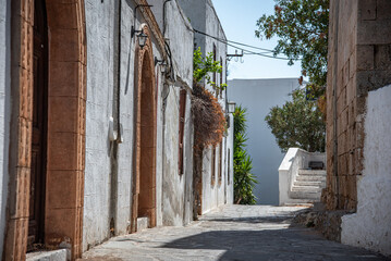 Streets of Lindos in sunny day, Rhodes, Greece