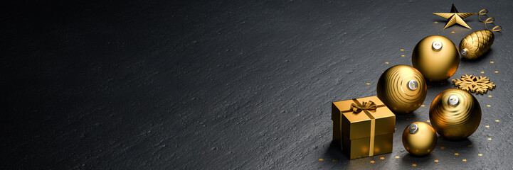 Golden Christmas decoration on a black stone background. Banner size.