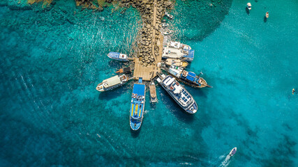 Aerial view of boats parked up by Lindos, Rhodes, Greece